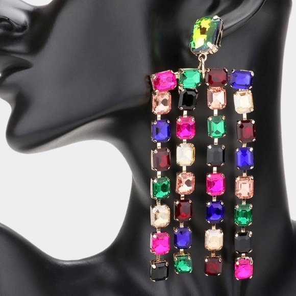 Emerald Cut Stone Fringe Evening Earrings - Picture 2 of 2